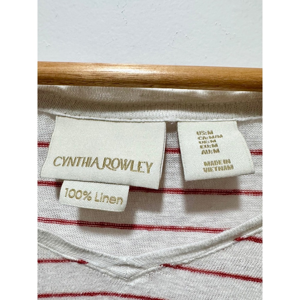 Cynthia Rowley 100% Linen Striped V-Neck T-Shirt Red White Boxy Crop Top Medium - Picture 3 of 3